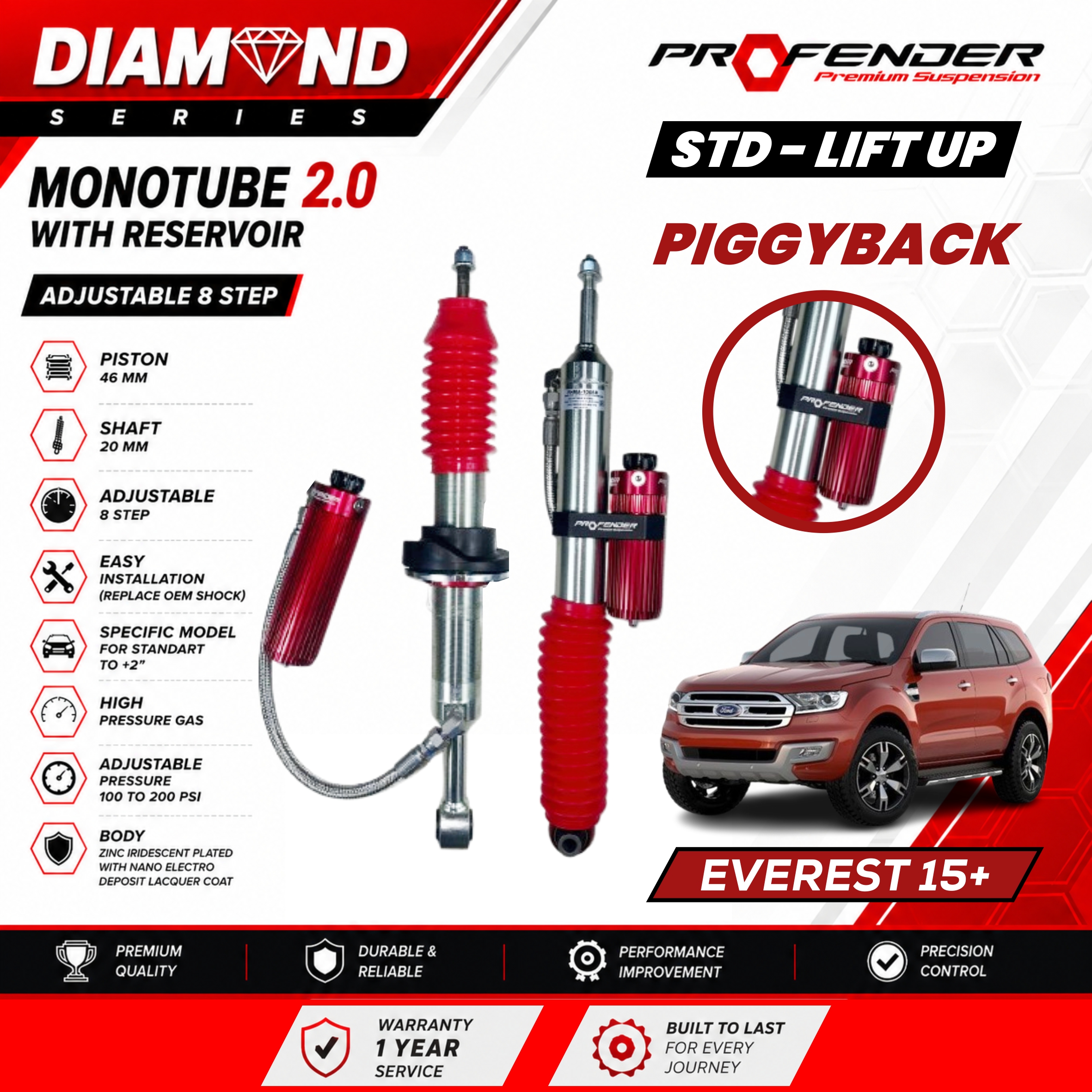 PROFENDER DIAMOND SERIES Monotube 2.0 Resevoir 8 STEP FORD EVEREST 15+