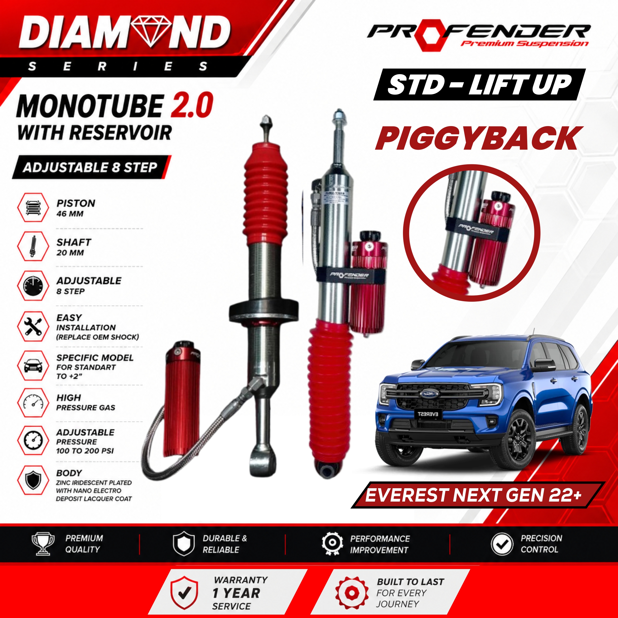 PROFENDER DIAMOND SERIES Monotube 2.0 Resevoir 8 STEP FORD EVEREST NEXT GEN 22+