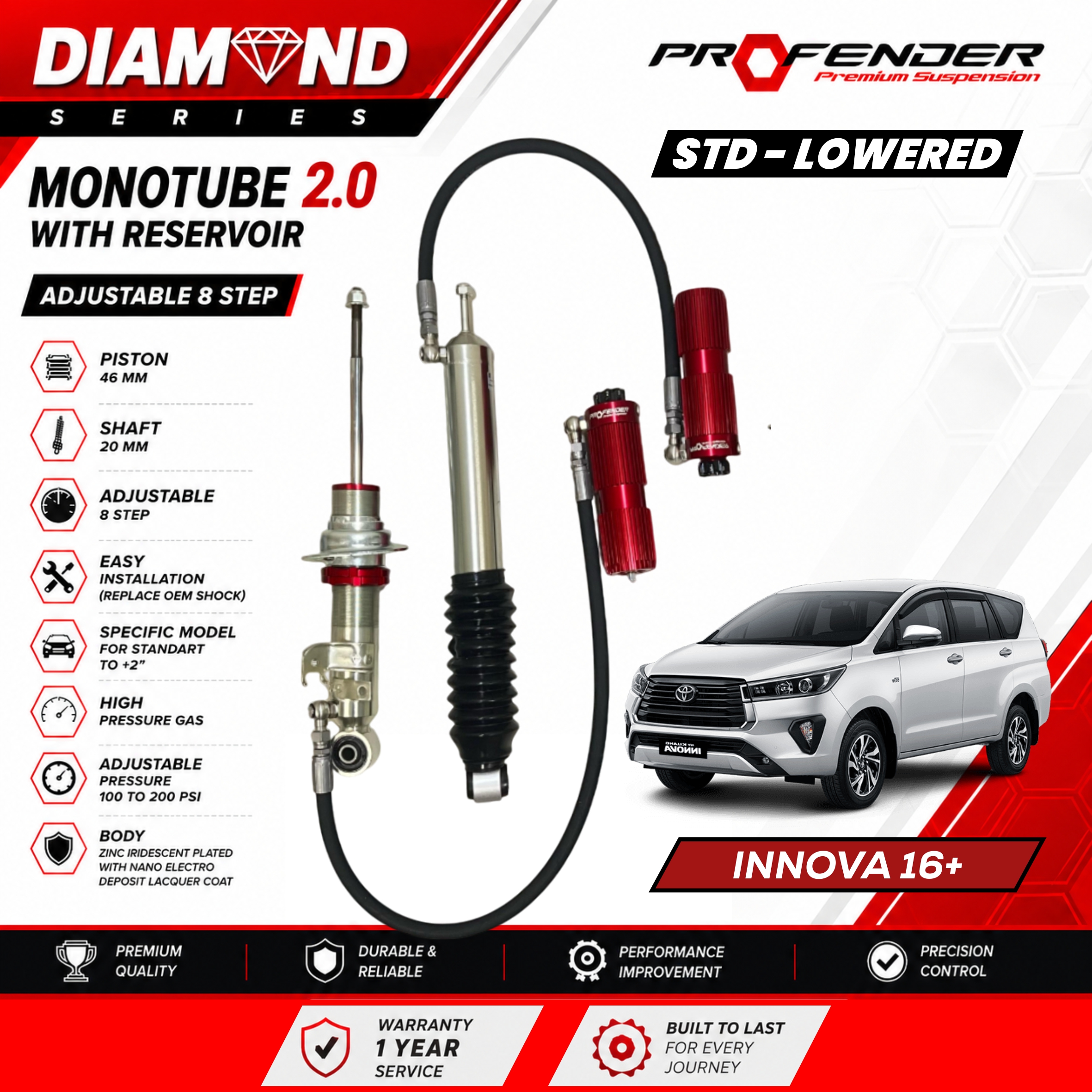 PROFENDER DIAMOND SERIES Monotube 2.0 Resevoir 8 STEP TOYOTA INNOVA 16+