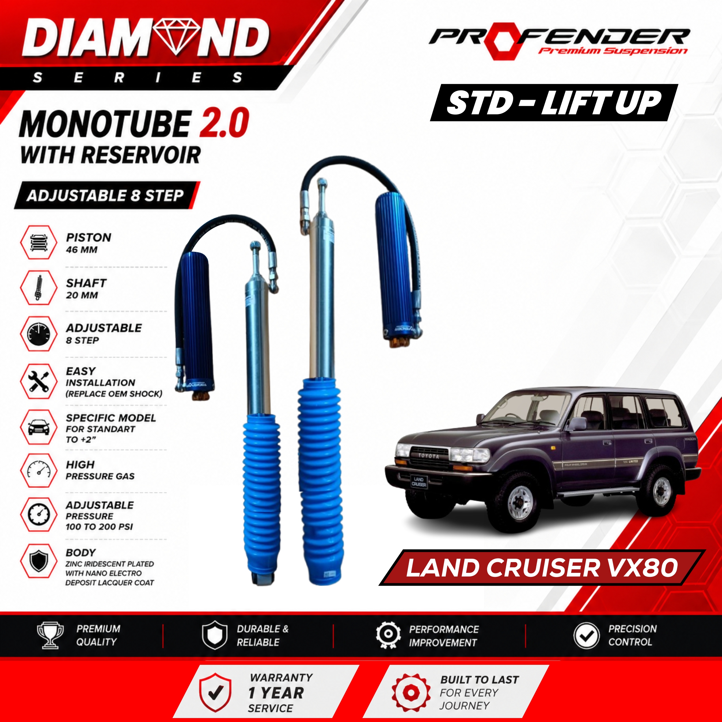 PROFENDER DIAMOND SERIES Monotube 2.0 Resevoir 8 STEP TOYOTA LAND CRUISER VX80