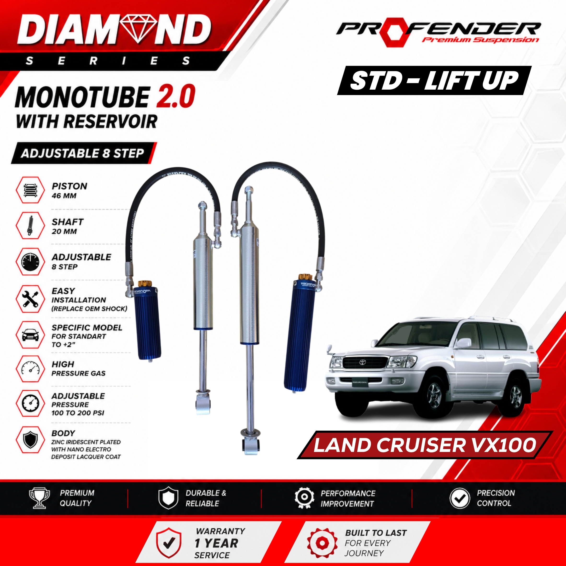 PROFENDER DIAMOND SERIES Monotube 2.0 Resevoir 8 STEP TOYOTA LAND CRUISER VX100