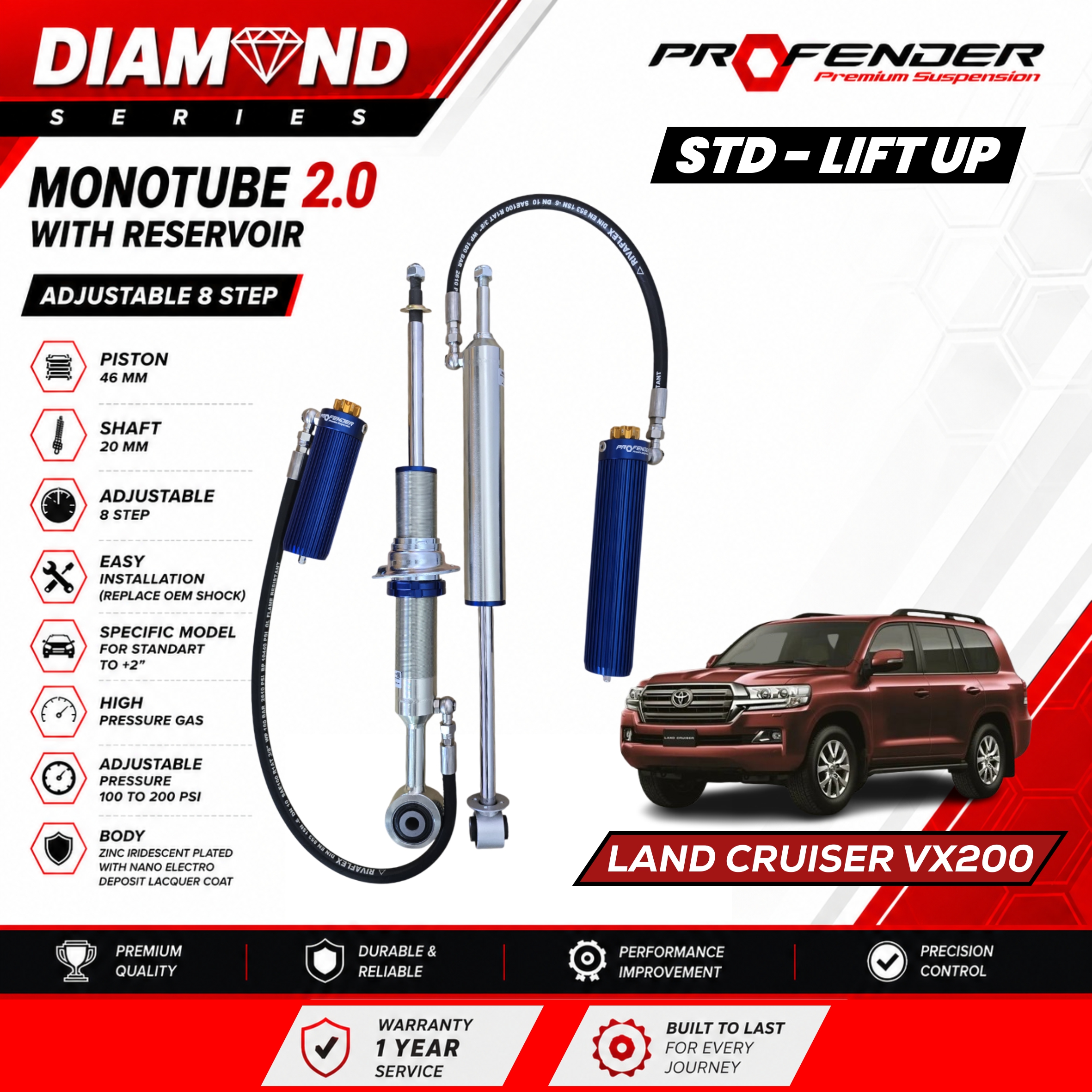 PROFENDER DIAMOND SERIES Monotube 2.0 Resevoir 8 STEP TOYOTA LAND CRUISER VX200