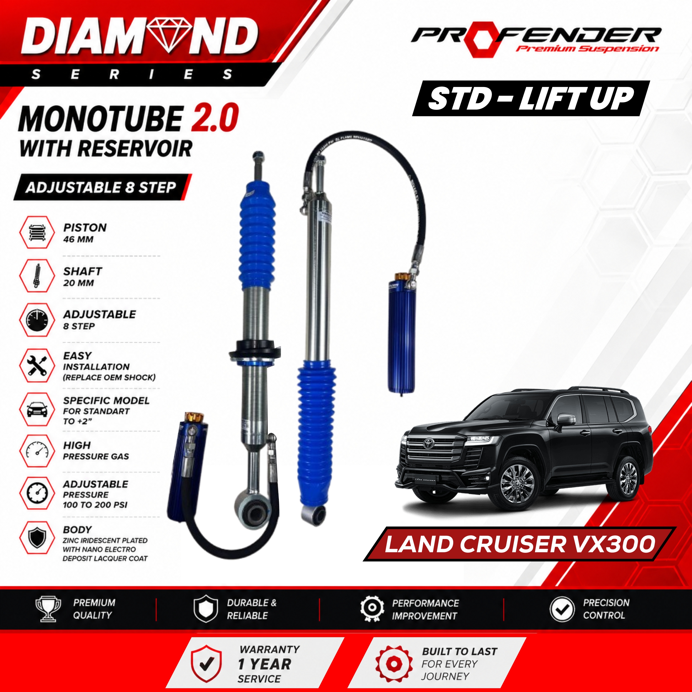 PROFENDER DIAMOND SERIES Monotube 2.0 Resevoir 8 STEP TOYOTA LAND CRUISER VX300