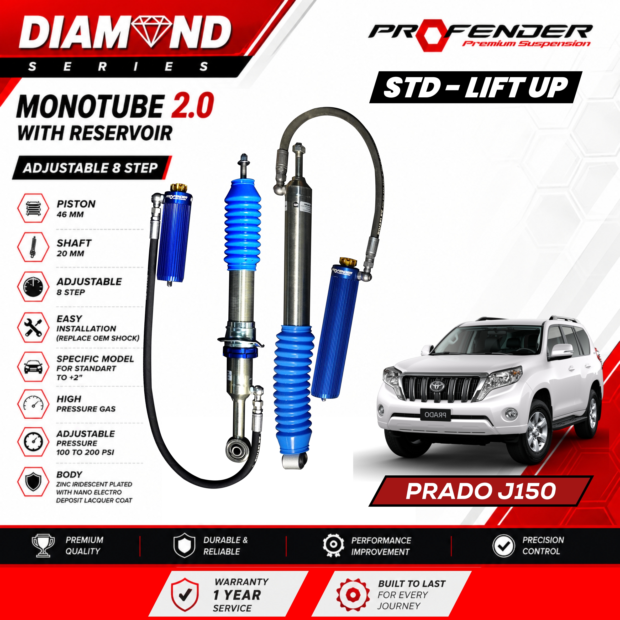 PROFENDER DIAMOND SERIES Monotube 2.0 Resevoir 8 STEP TOYOTA LAND CRUISER PRADO J150
