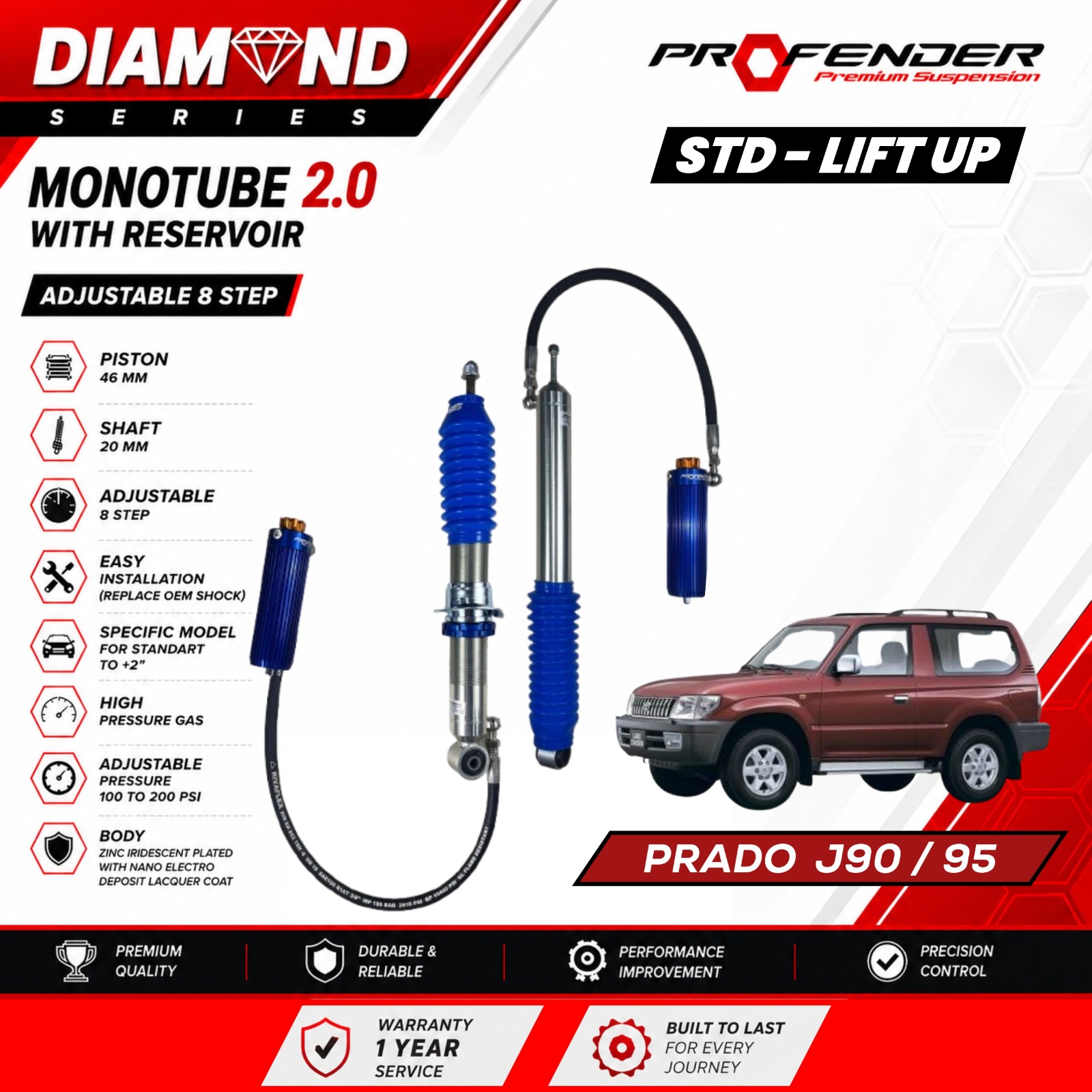 PROFENDER DIAMOND SERIES Monotube 2.0 Resevoir 8 STEP TOYOTA LAND CRUISER PRADO J90/J95
