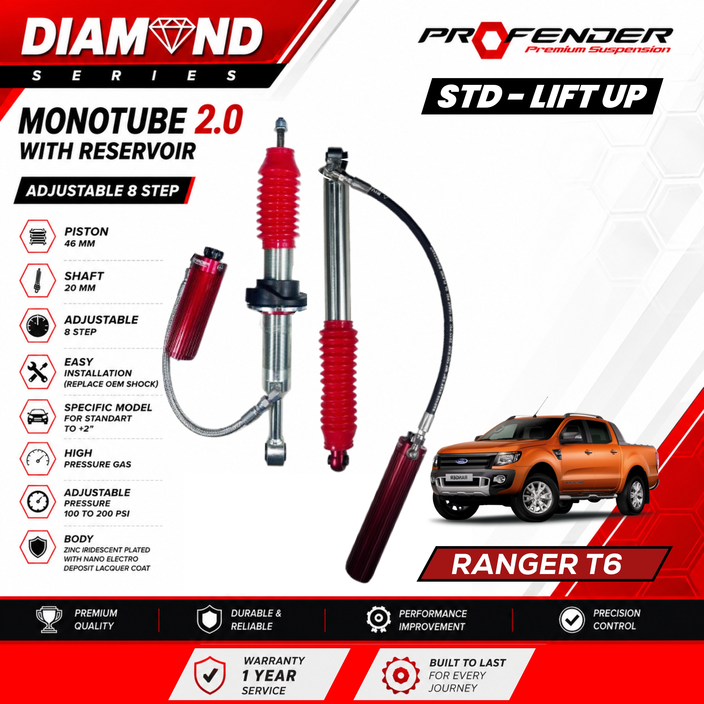 PROFENDER DIAMOND SERIES Monotube 2.0 Resevoir 8 STEP FORD RANGER T6 T7 12+