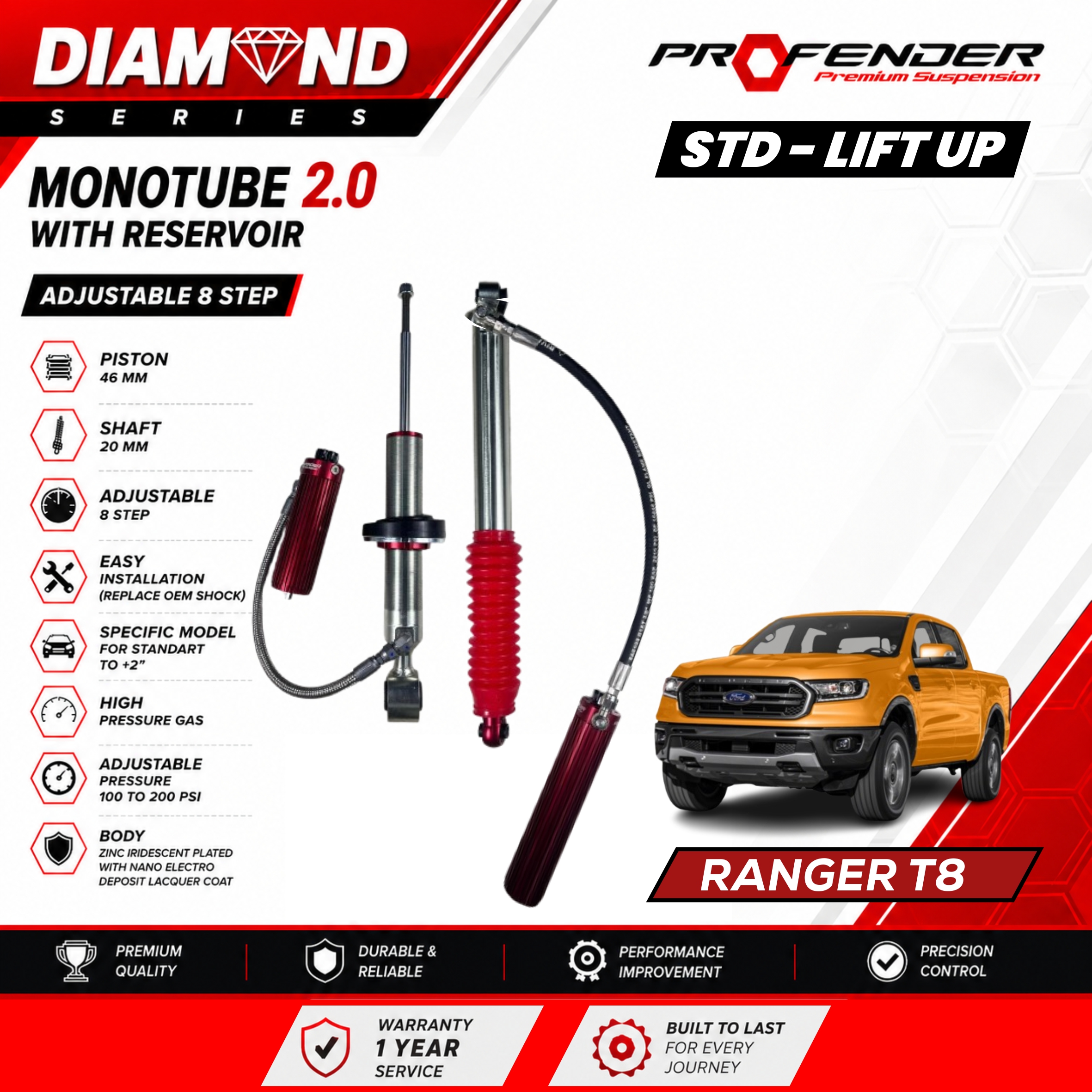 PROFENDER DIAMOND SERIES Monotube 2.0 Resevoir 8 STEP FORD RANGER T8 18+