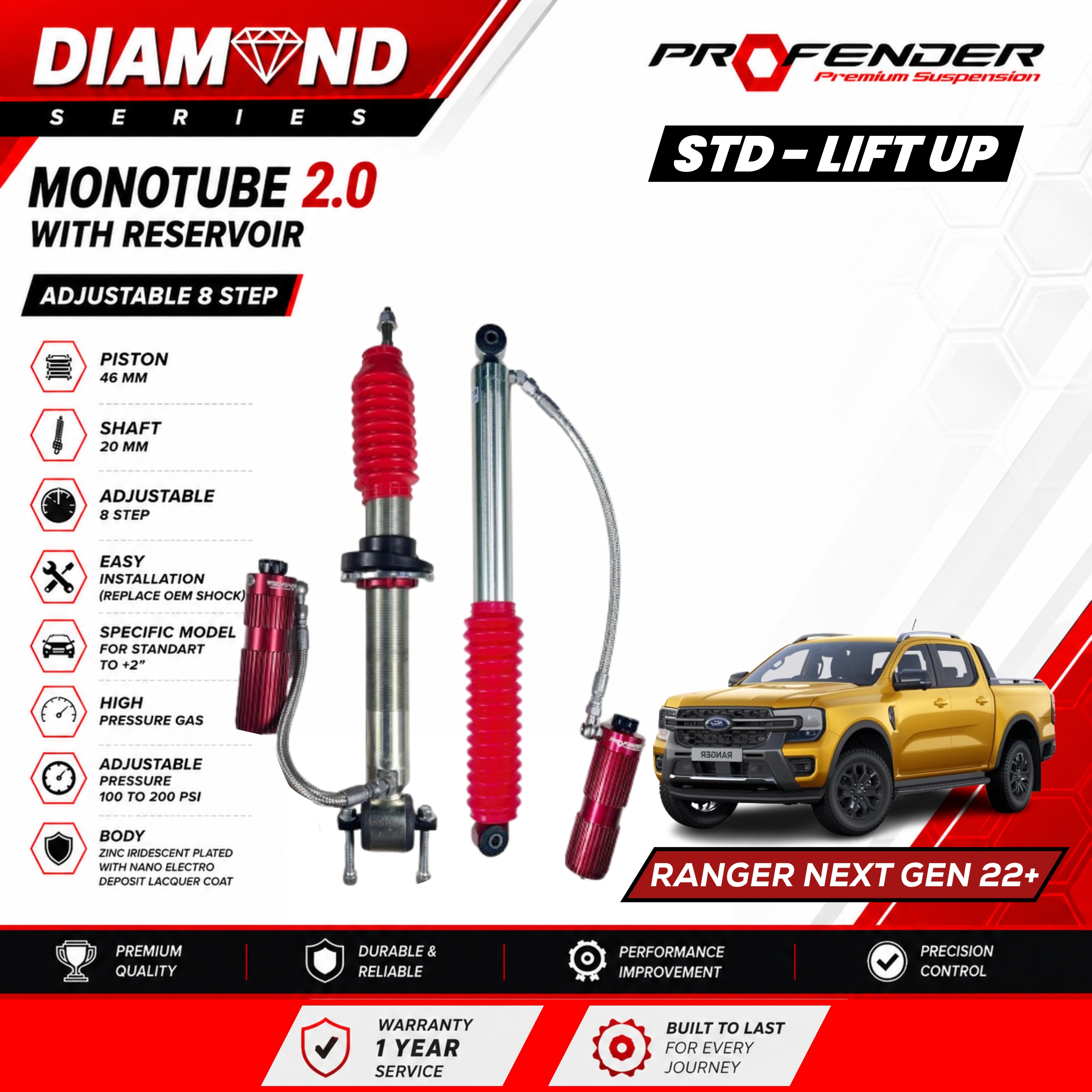 PROFENDER DIAMOND SERIES Monotube 2.0 Resevoir 8 STEP FORD RANGER 22+
