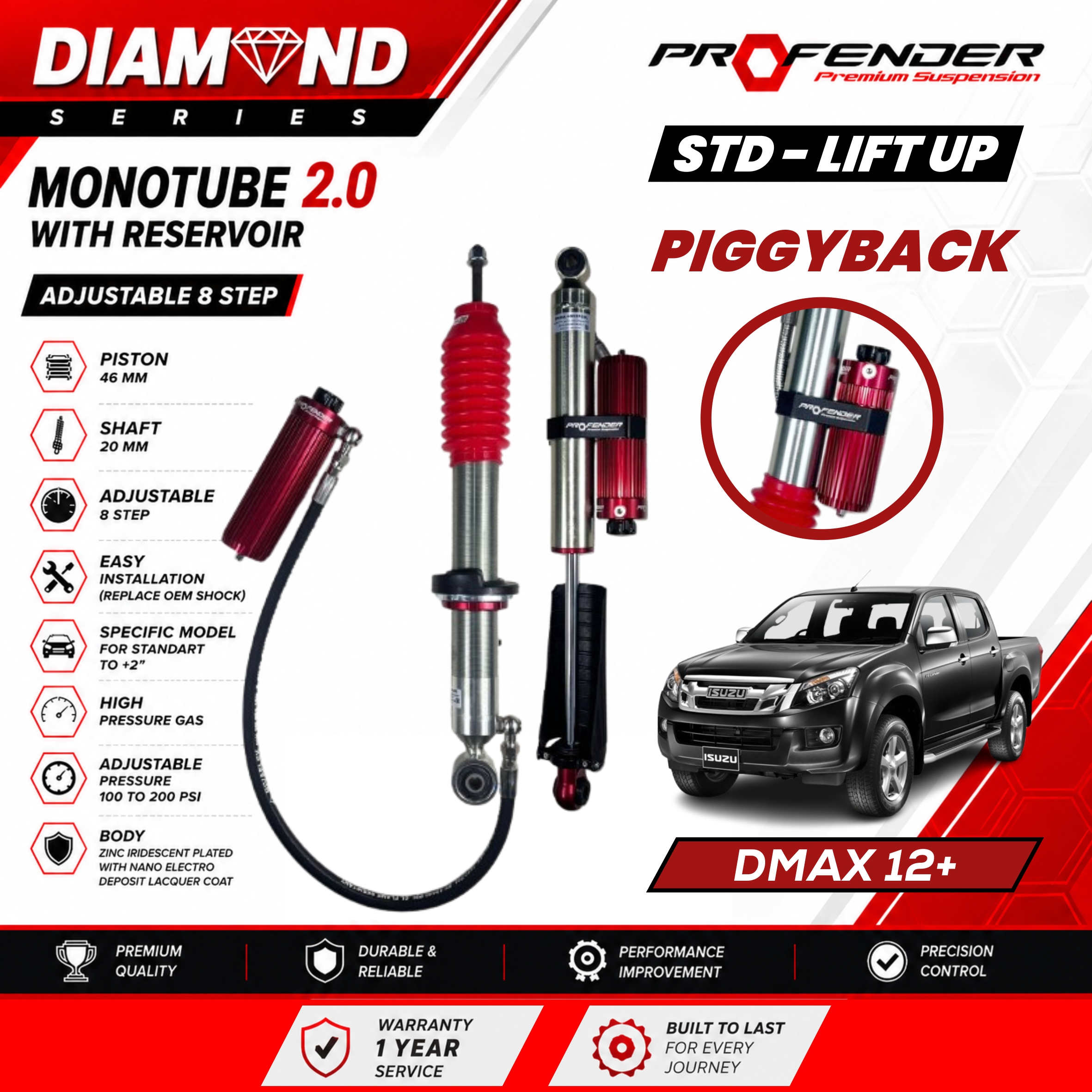 PROFENDER DIAMOND SERIES Monotube 2.0 Resevoir 8 STEP ISUZU DMAX 12+