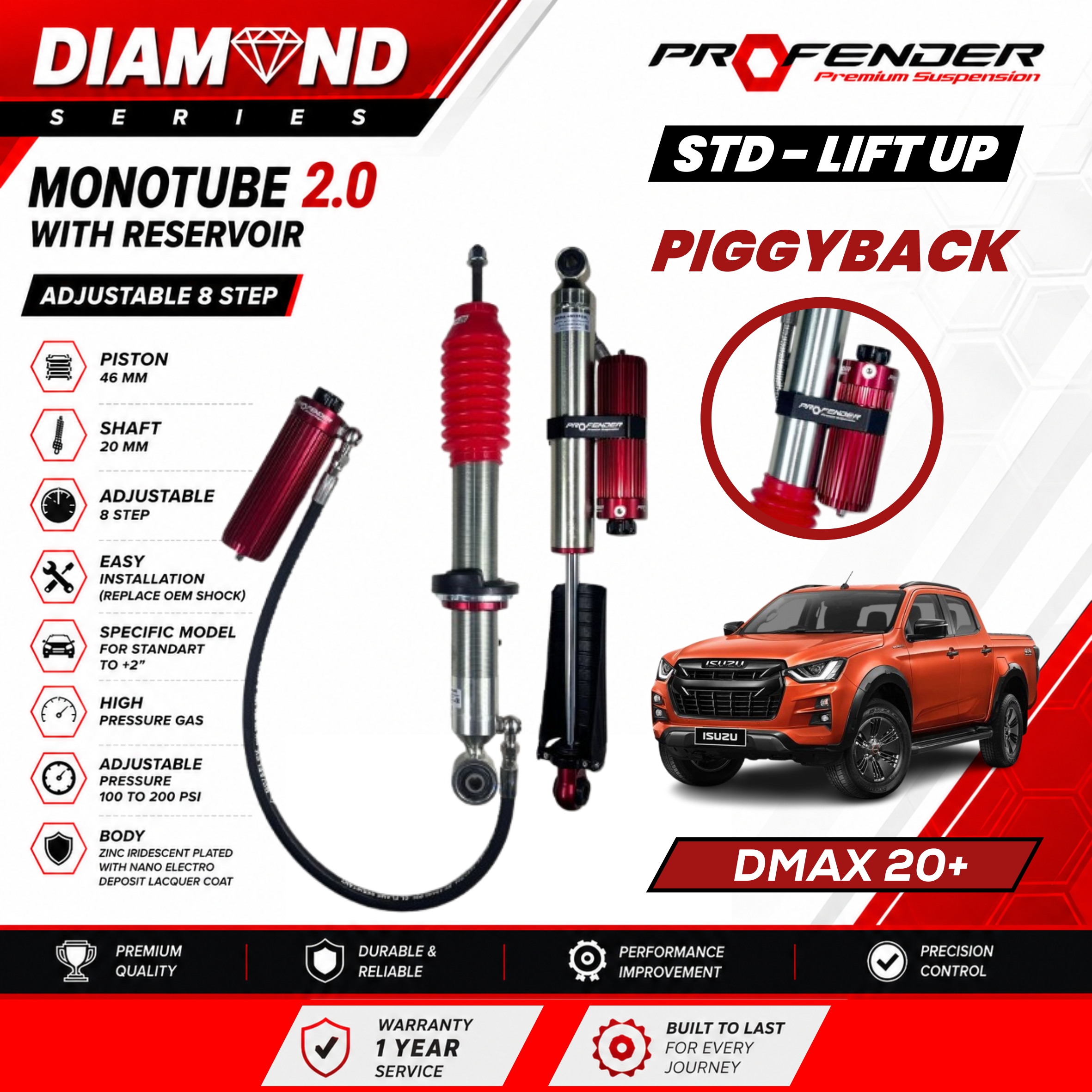 PROFENDER DIAMOND SERIES Monotube 2.0 Resevoir 8 STEP ISUZU DMAX 20+