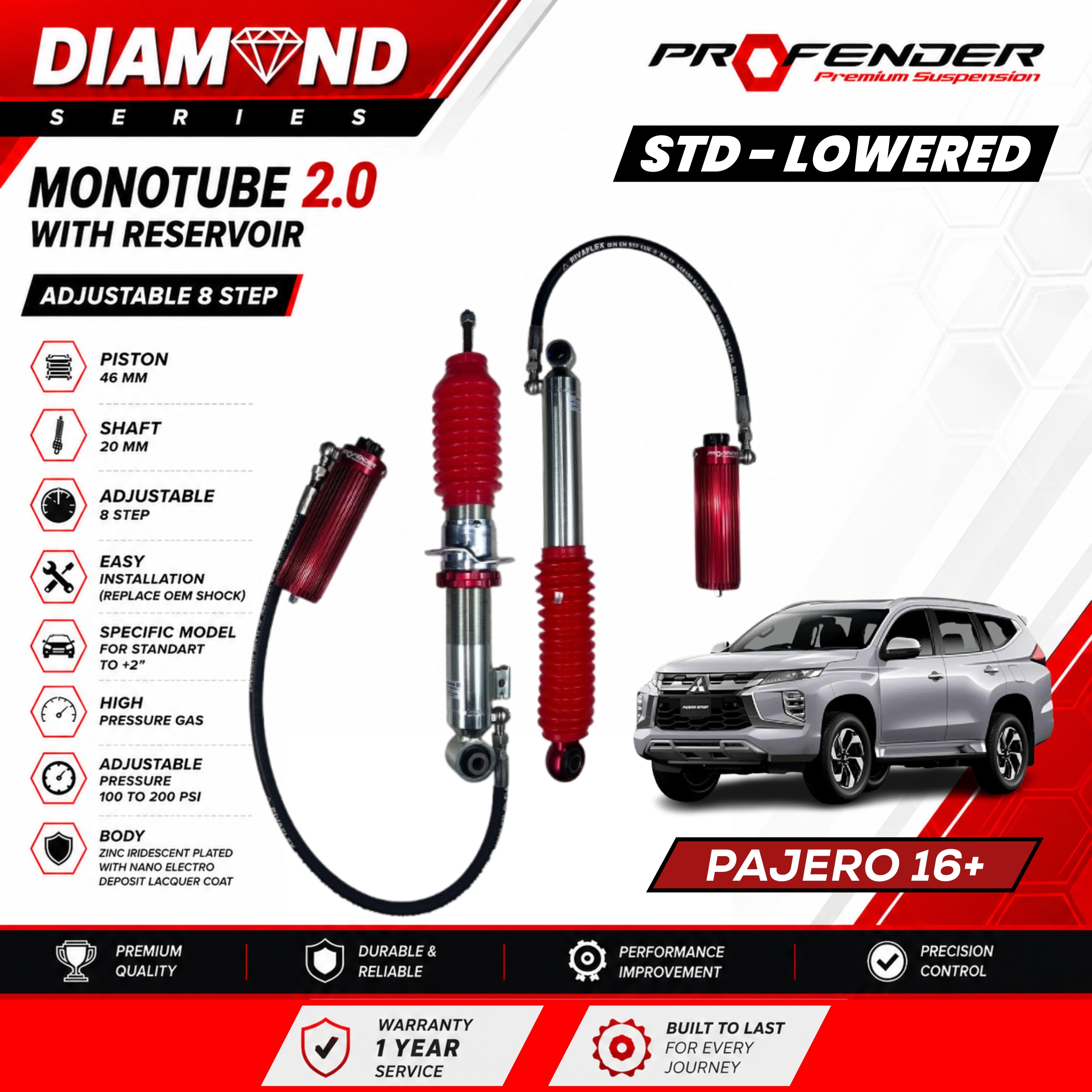 PROFENDER DIAMOND SERIES Monotube 2.0 Resevoir 8 STEP MITSUBISHI PAJERO 16+