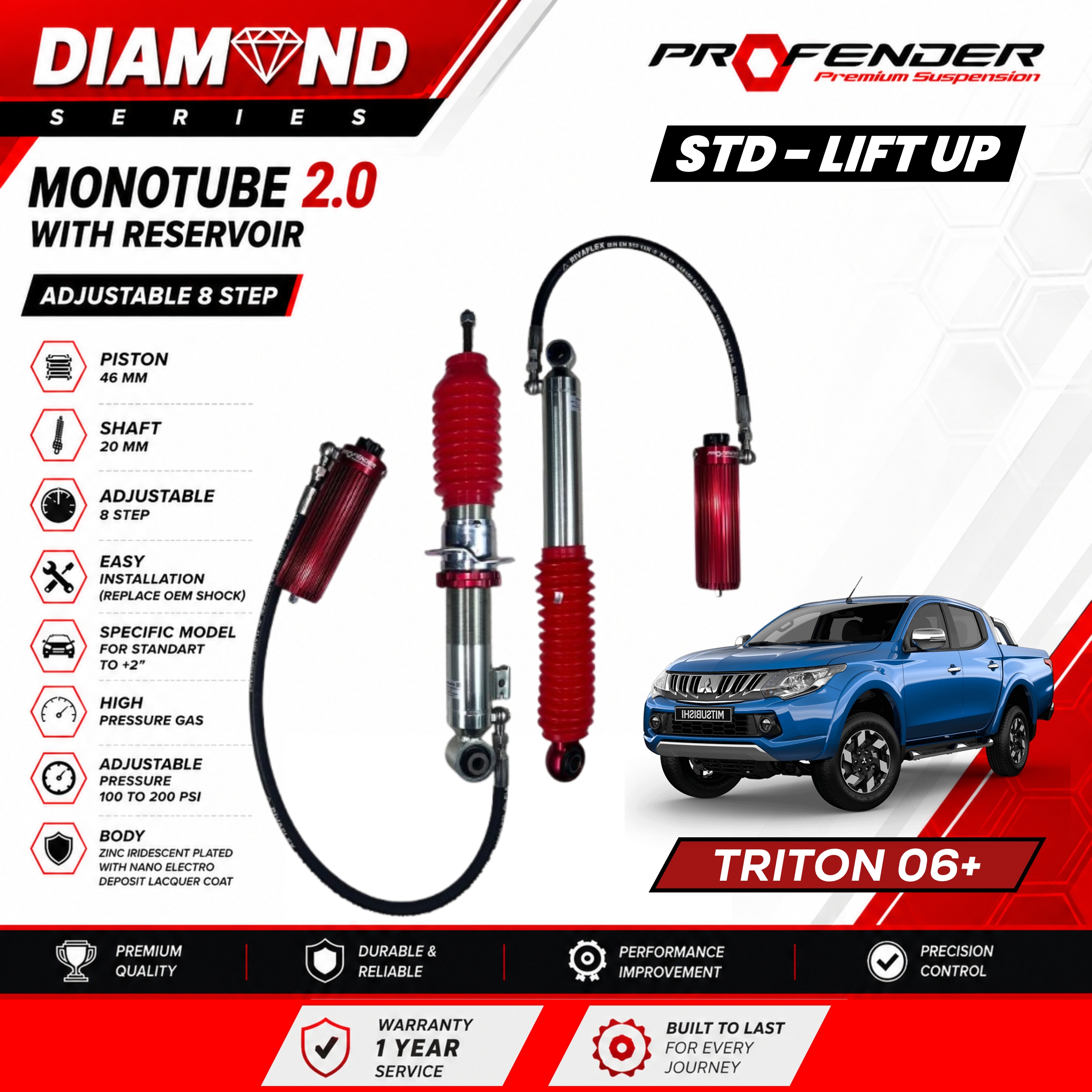 PROFENDER DIAMOND SERIES Monotube 2.0 Resevoir 8 STEP MITSUBISHI TRITON 06+