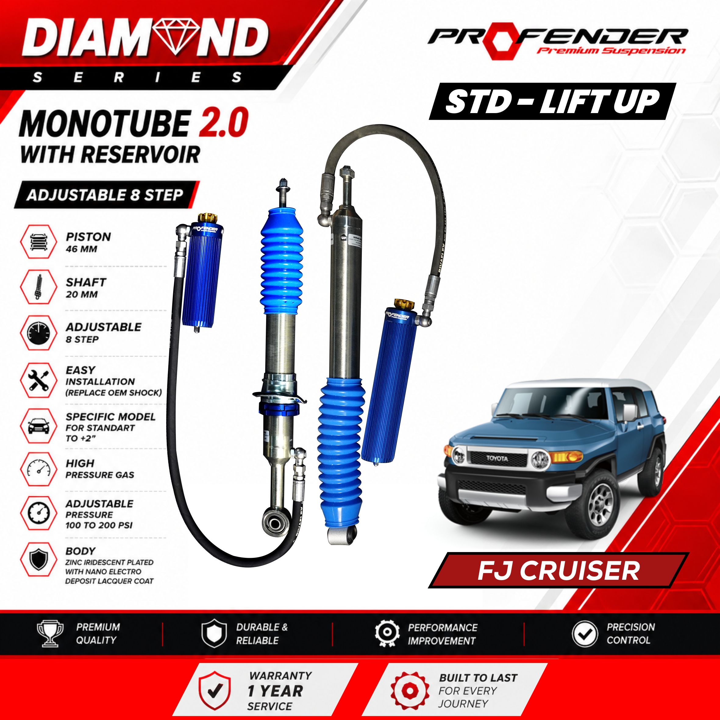 PROFENDER DIAMOND SERIES Monotube 2.0 Resevoir 8 STEP TOYOTA FJ CRUISER