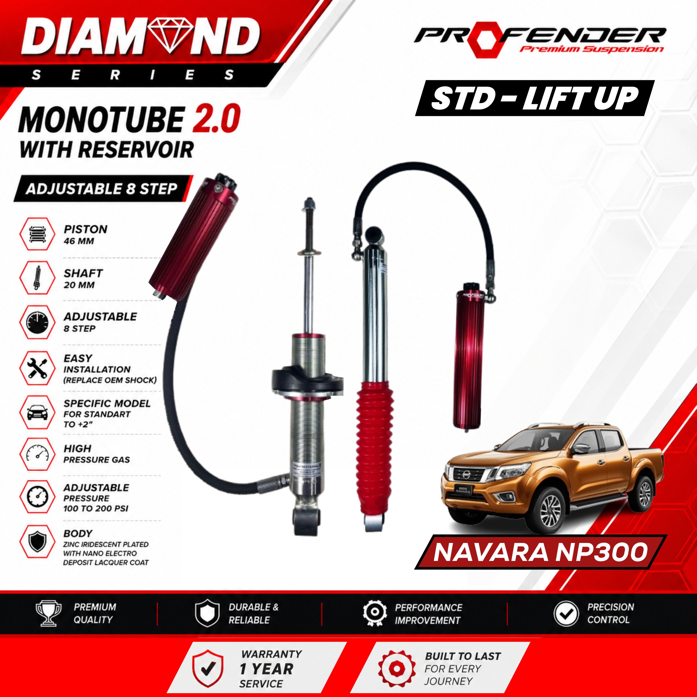 PROFENDER DIAMOND SERIES Monotube 2.0 Resevoir 8 STEP NISSAN NAVARA NP300