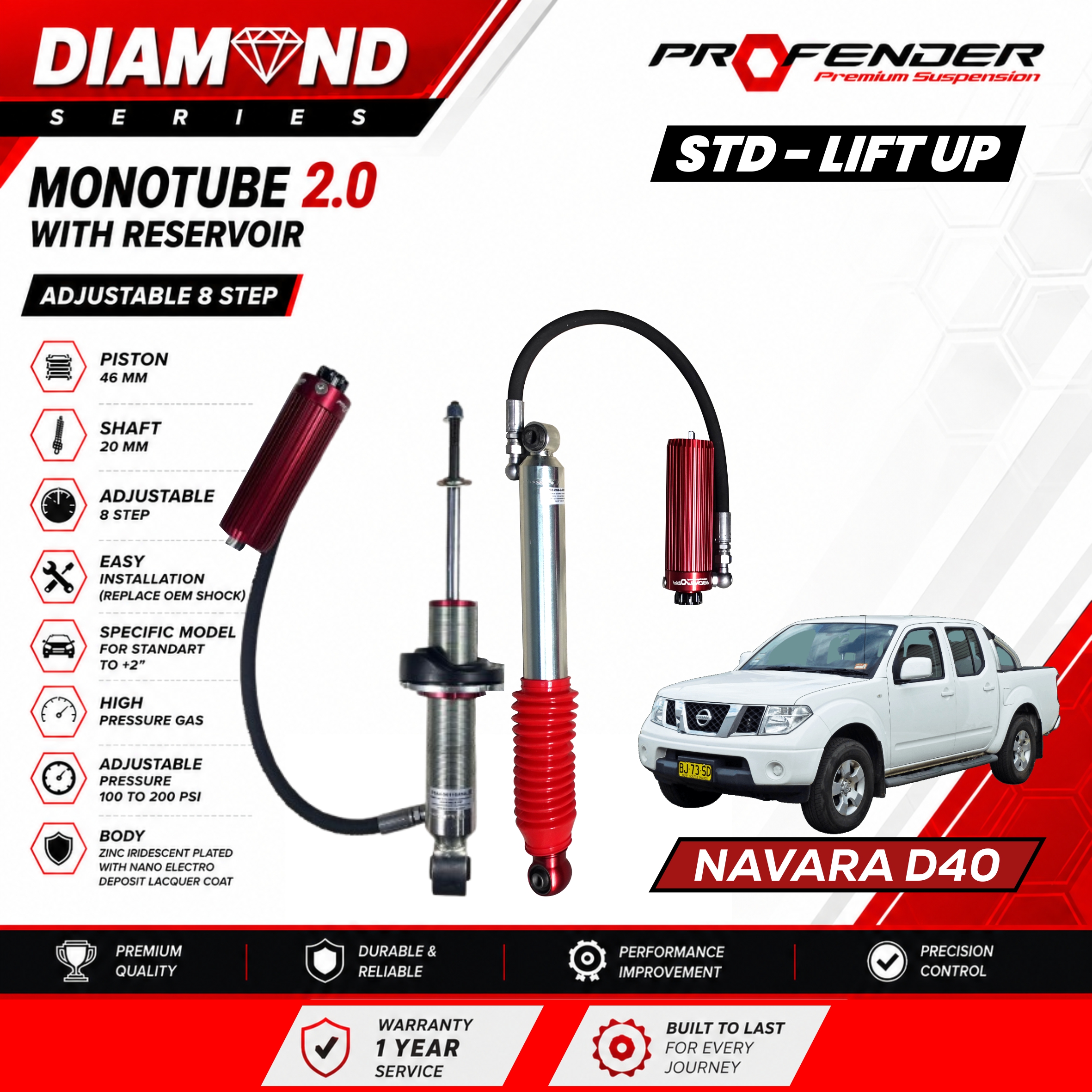 PROFENDER DIAMOND SERIES Monotube 2.0 Resevoir 8 STEP NISSAN NAVARA D40