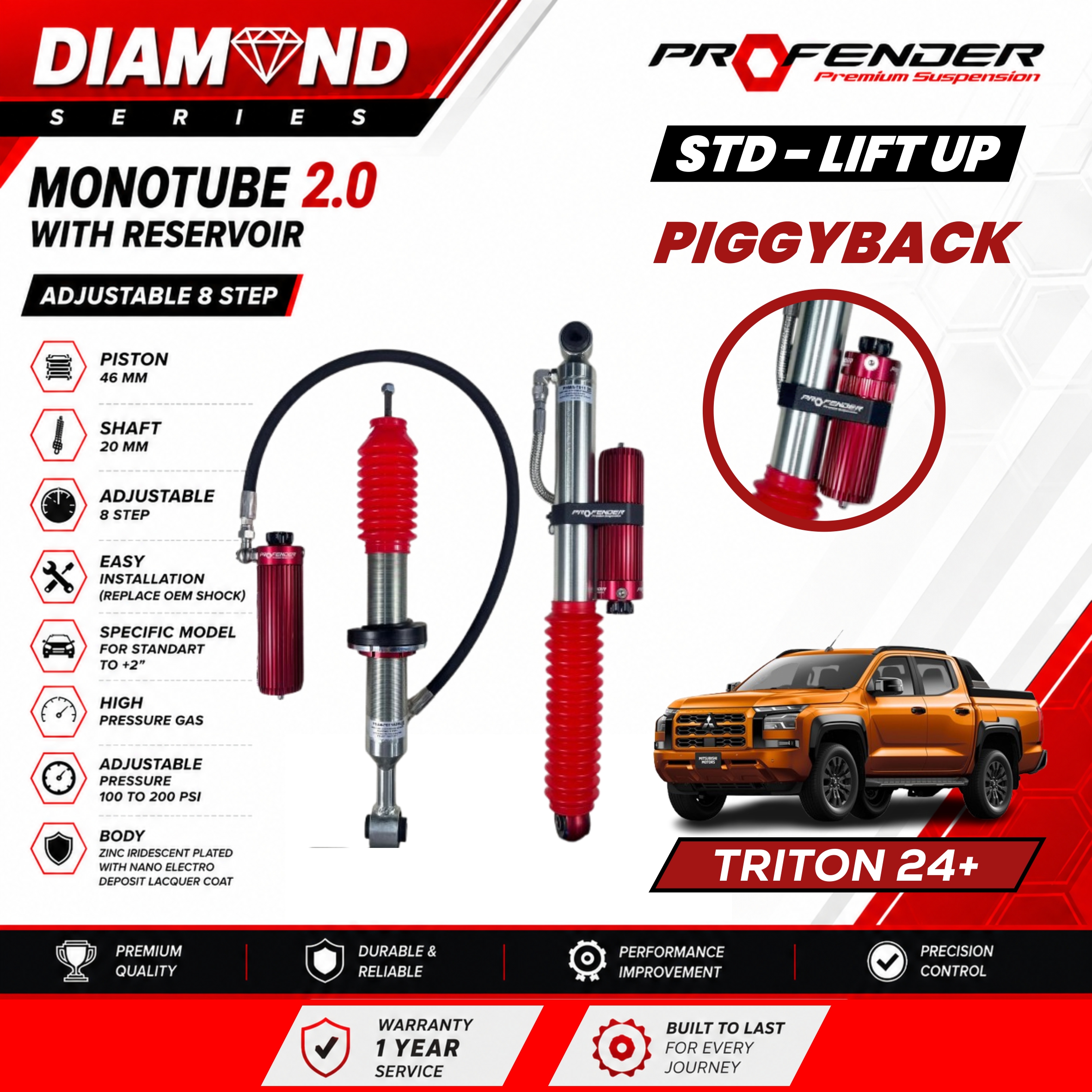 PROFENDER DIAMOND SERIES Monotube 2.0 Resevoir 8 STEP MITSUBISHI TRITON 23+