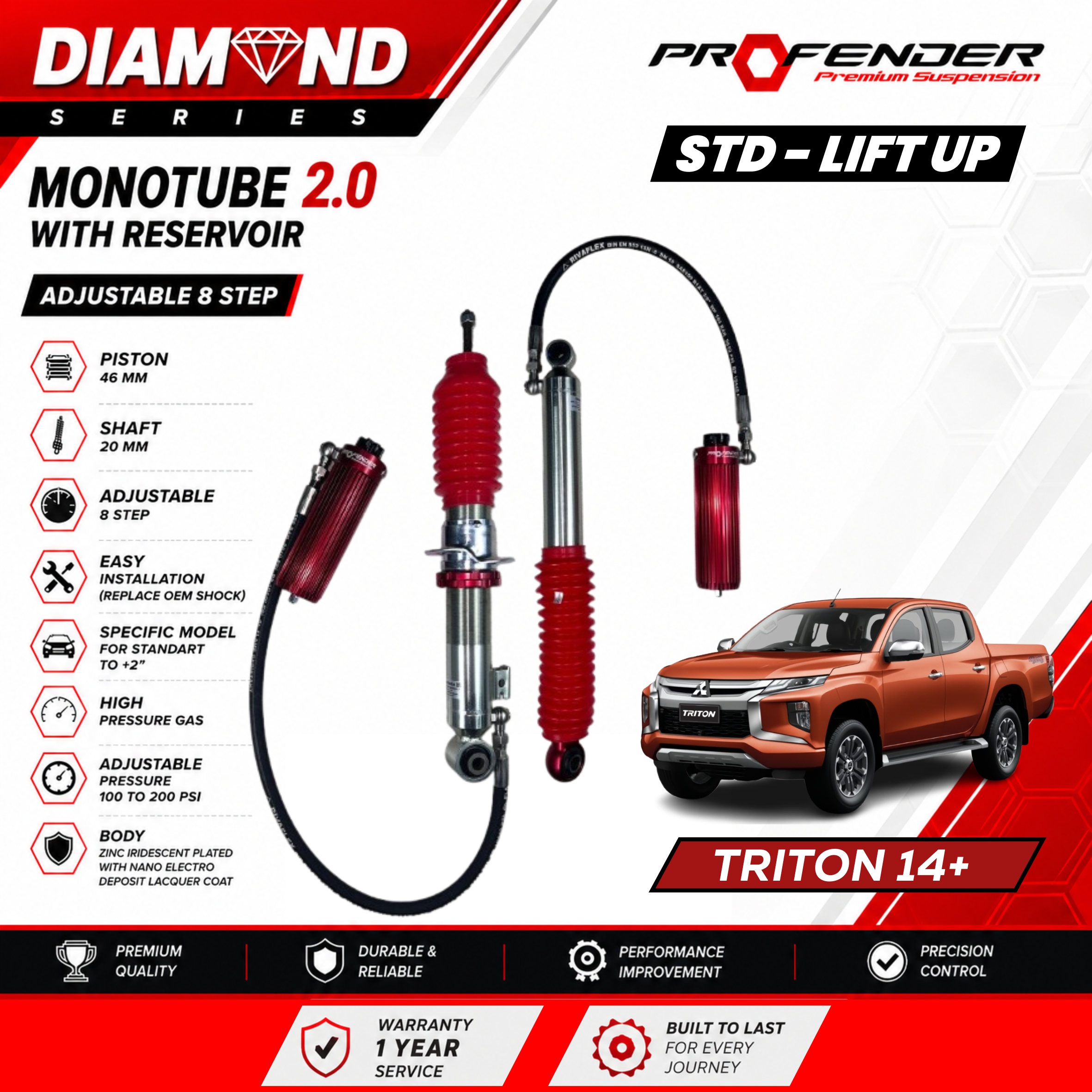 PROFENDER DIAMOND SERIES Monotube 2.0 Resevoir 8 STEP MITSUBISHI TRITON 14+