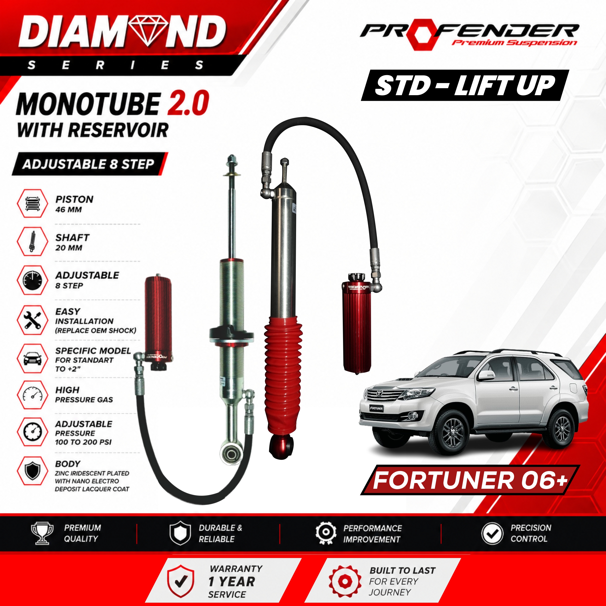 PROFENDER DIAMOND SERIES Monotube 2.0 Resevoir 8 STEP TOYOTA FORTUNER 05+