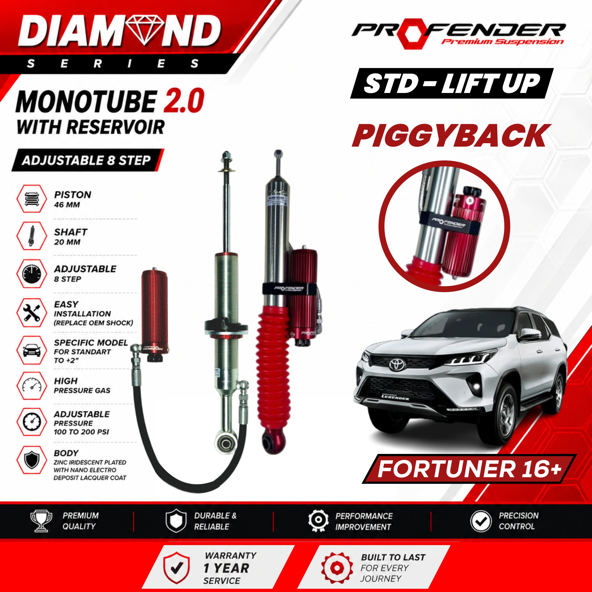 PROFENDER DIAMOND SERIES Monotube 2.0 Resevoir 8 STEP TOYOTA FORTUNER 16+
