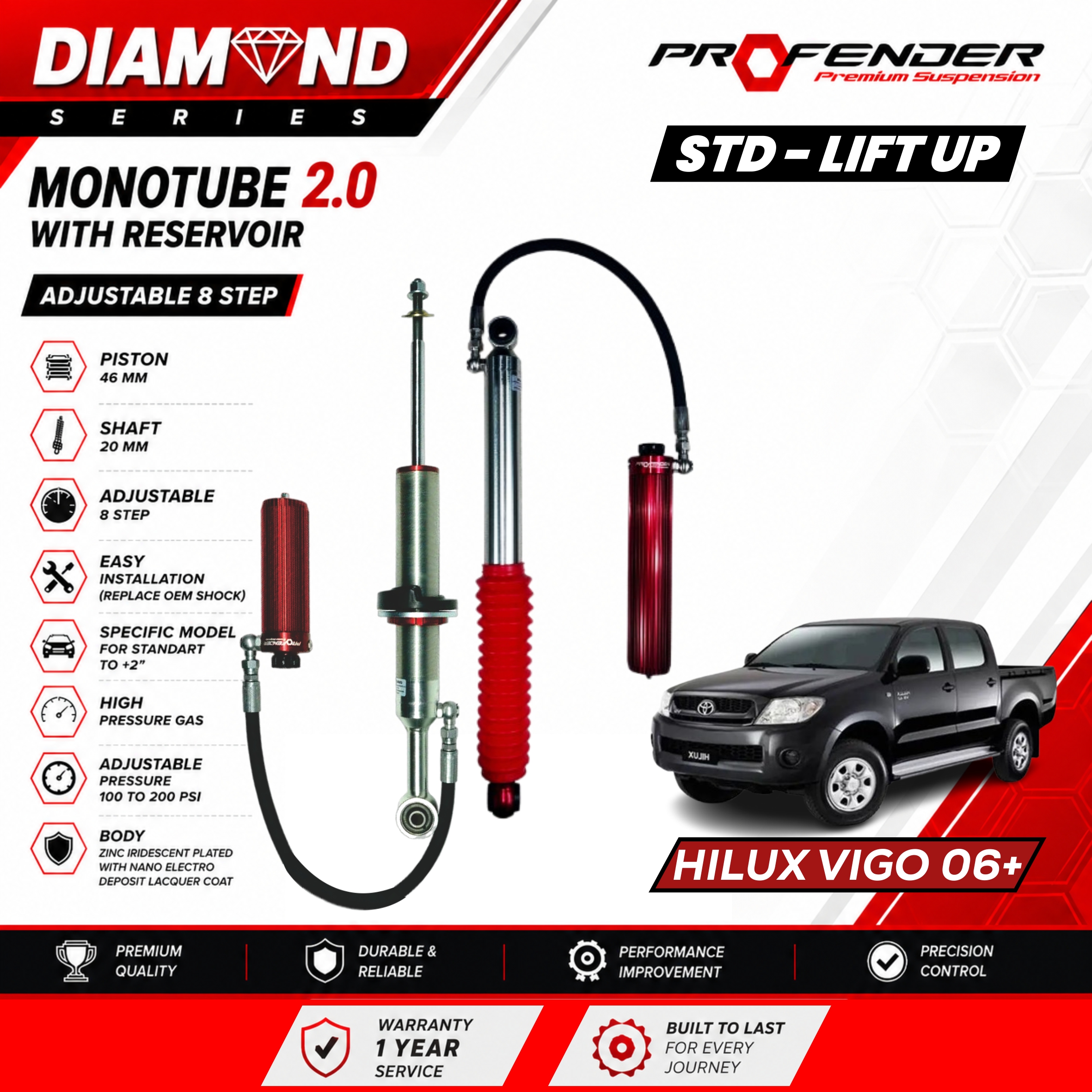 PROFENDER DIAMOND SERIES Monotube 2.0 Resevoir 8 STEP TOYOTA HILUX VIGO 05+